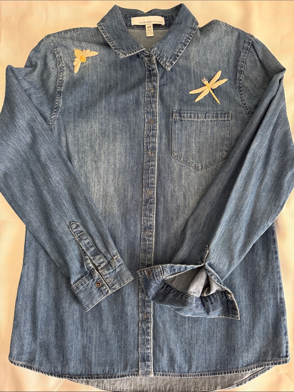 Denim Dragonfly Embroidered Shirt - Blue by